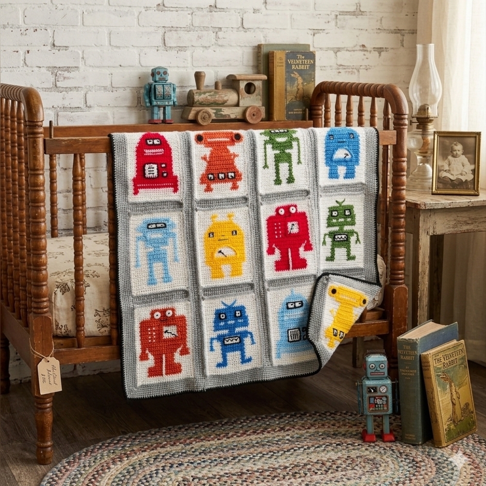 Handmade Crochet Robot Blanket 35x36 Baby Throw Vintage Style Nursery Knit
